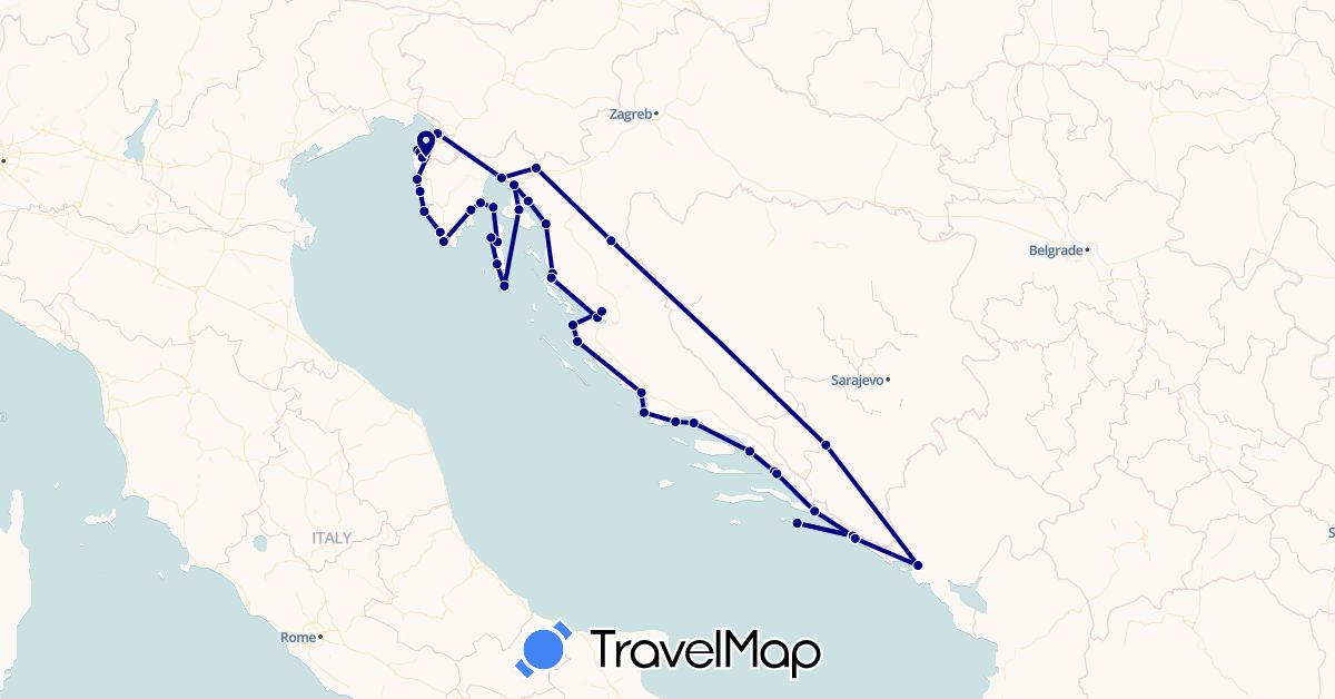 TravelMap itinerary: driving in Bosnia and Herzegovina, Croatia, Italy, Montenegro, Slovenia (Europe)